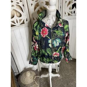 Desigual Tropical Colorful Lightweight Rain Light Jacket Hooded Sz 42